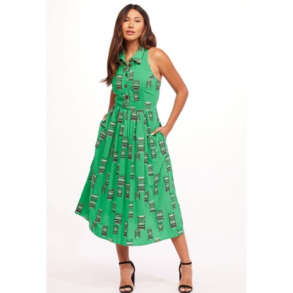 Eva Franco Green Halter Style Collared Sleeveless Midi Dress with Pockets NWT - Picture 4 of 5